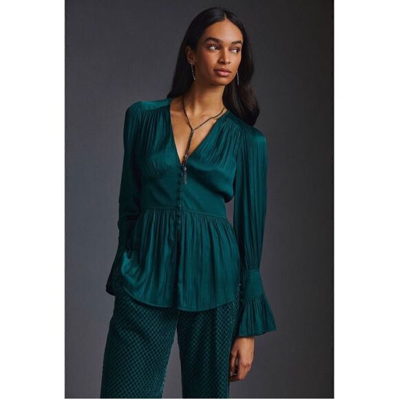 NEW By Anthropologie Green Deep V-Neck Buttonfront Babydoll Tunic Blouse X-Small - Picture 1 of 4